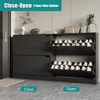 Demonstrating the closed and open states of a black shoe cabinet for entryway. These ultra-slim shoe cabinets keep your foyer tidy while maintaining a sleek profile.