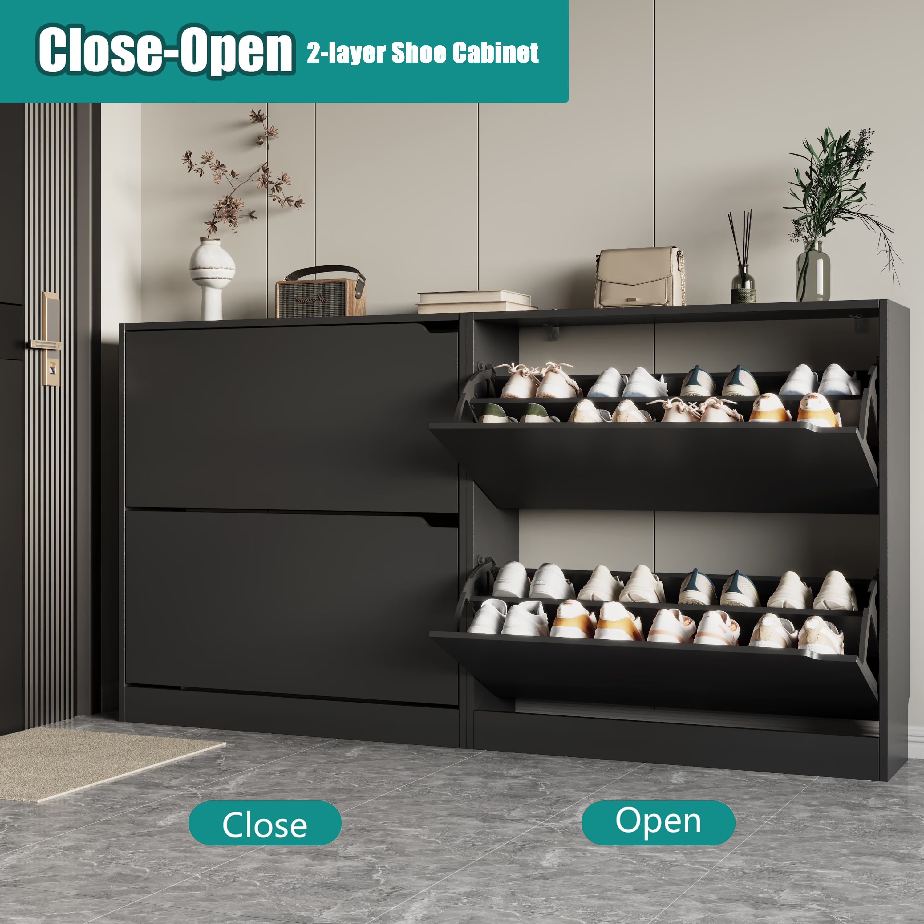 Demonstrating the closed and open states of a black shoe cabinet for entryway. These ultra-slim shoe cabinets keep your foyer tidy while maintaining a sleek profile.