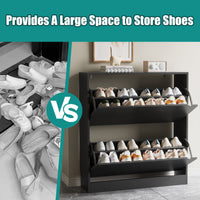 Safety anti-tipping device installation guide for the black tall shoe cabinet. Secure this robust shoe rack cabinet to the wall to ensure family and child safety.