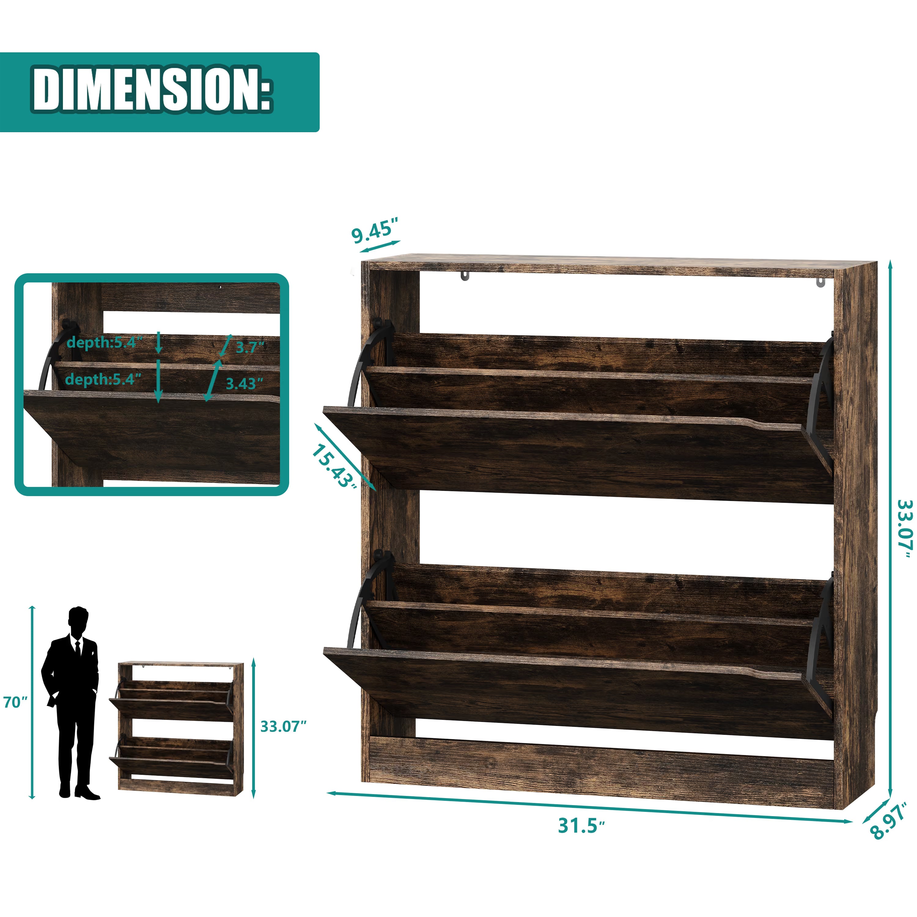 Front view of a brown wooden cabinet for shoes displaying high storage capacity. An ideal entryway shoe storage cabinet designed for seamless home organization.