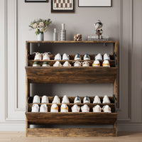 Before and after comparison showing cluttered shoes versus a neat brown shoe organizer cabinet. Provides excellent shoe storage for a clean and tidy floor.