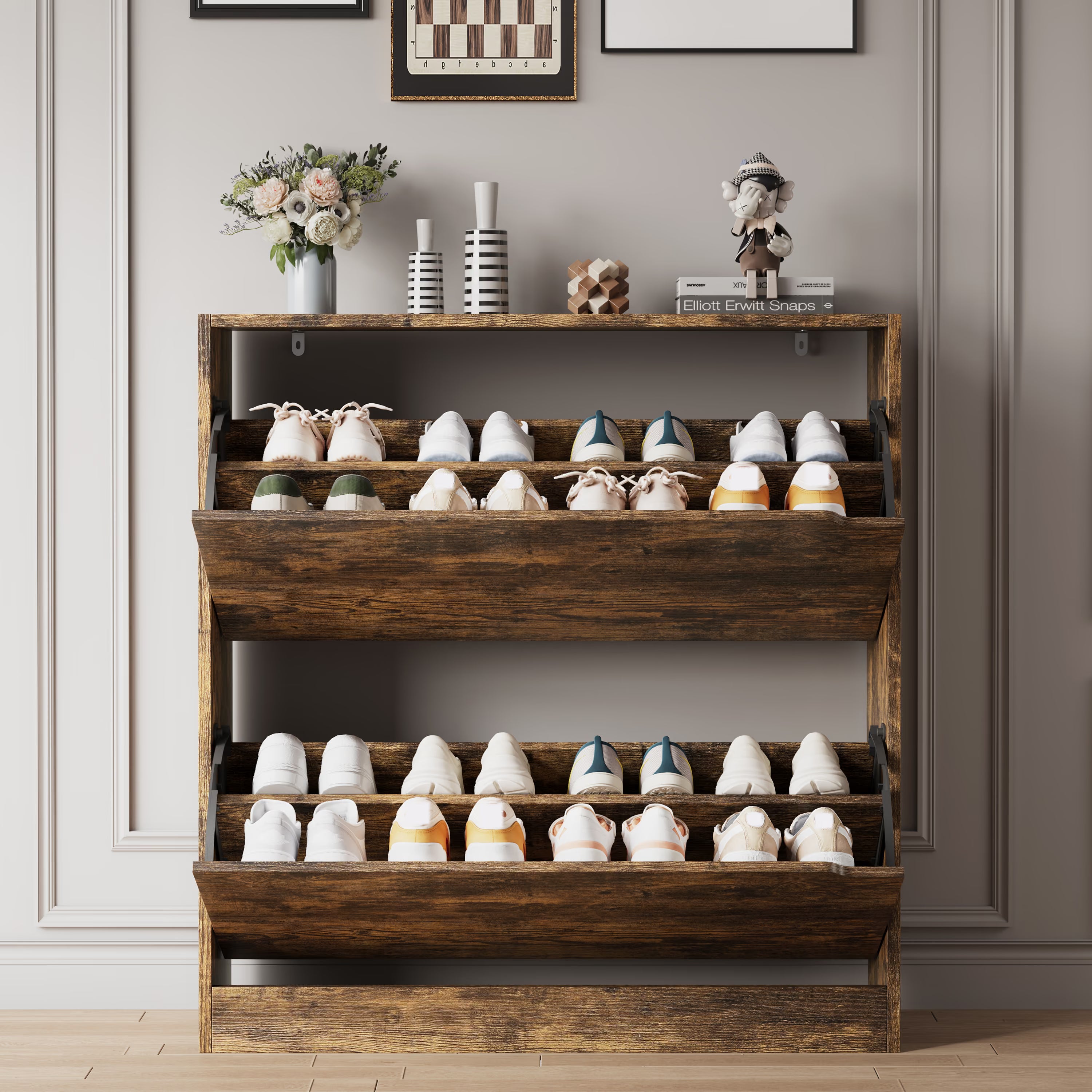 Before and after comparison showing cluttered shoes versus a neat brown shoe organizer cabinet. Provides excellent shoe storage for a clean and tidy floor.