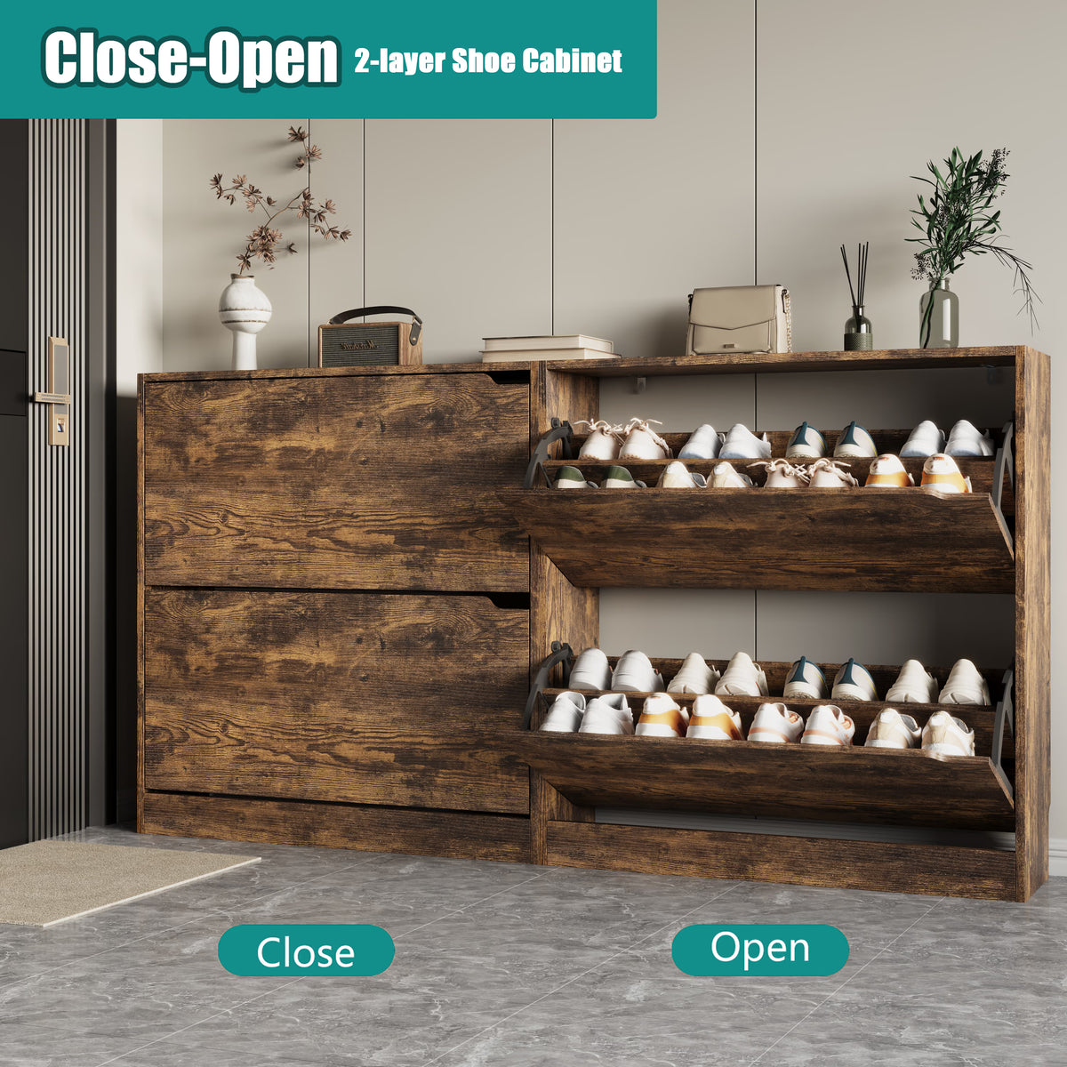Demonstrating the closed and open states of a brown shoe cabinet for entryway. These ultra-slim shoe cabinets keep your foyer tidy while maintaining a sleek profile.