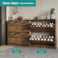 Demonstrating the closed and open states of a brown shoe cabinet for entryway. These ultra-slim shoe cabinets keep your foyer tidy while maintaining a sleek profile.