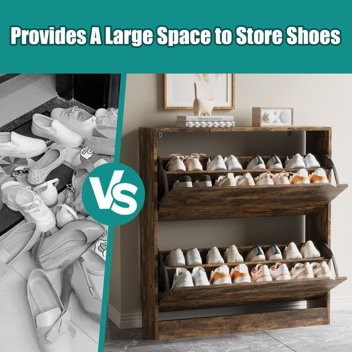 Safety anti-tipping device installation guide for the brown tall shoe cabinet. Secure this robust shoe rack cabinet to the wall to ensure family and child safety.