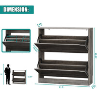 Front view of a gray wooden cabinet for shoes displaying high storage capacity. An ideal entryway shoe storage cabinet designed for seamless home organization.