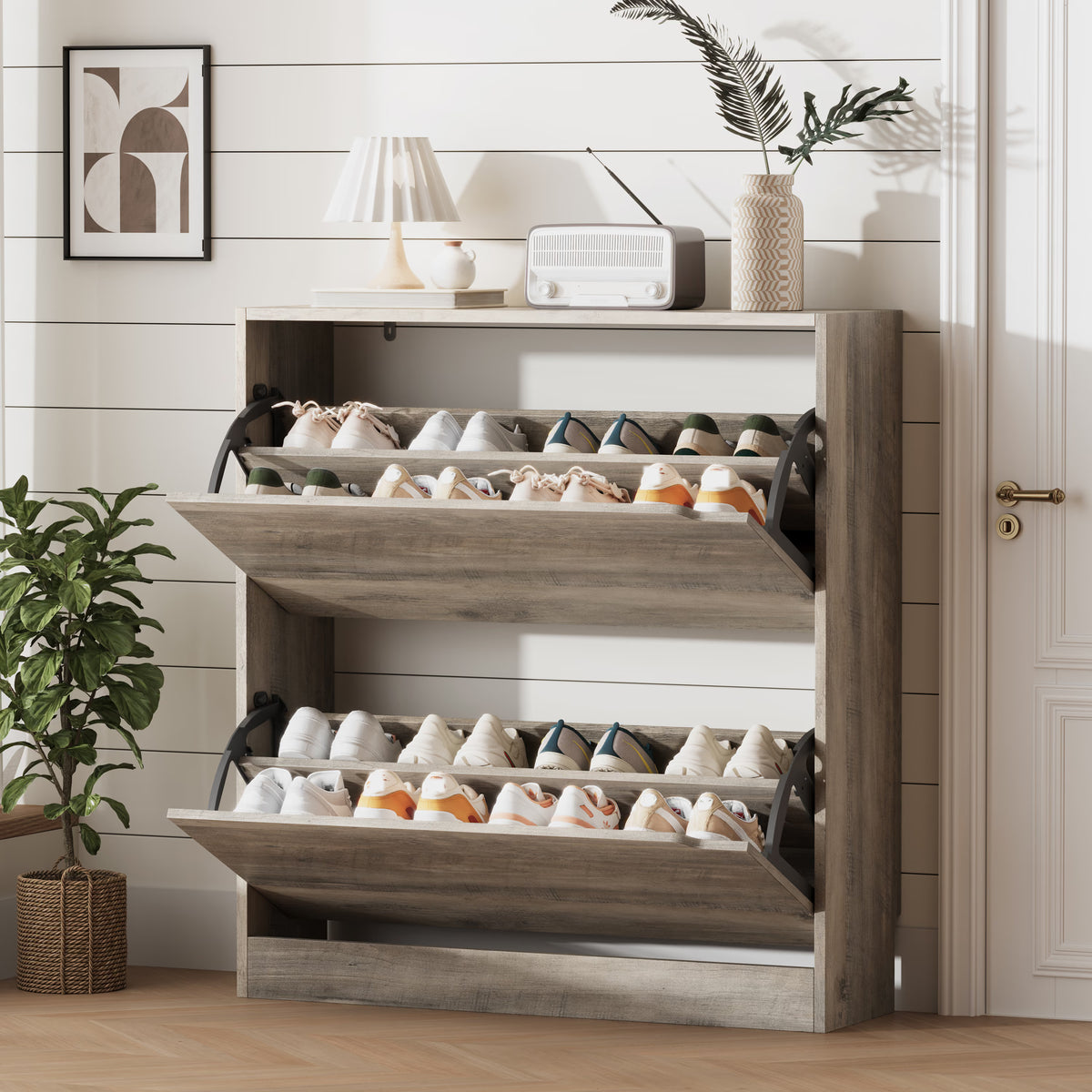 Detailed dimensions of the gray narrow shoe cabinet. This slim shoe cabinet is perfectly sized to fit in tight hallways and compact entryways without sacrificing space.