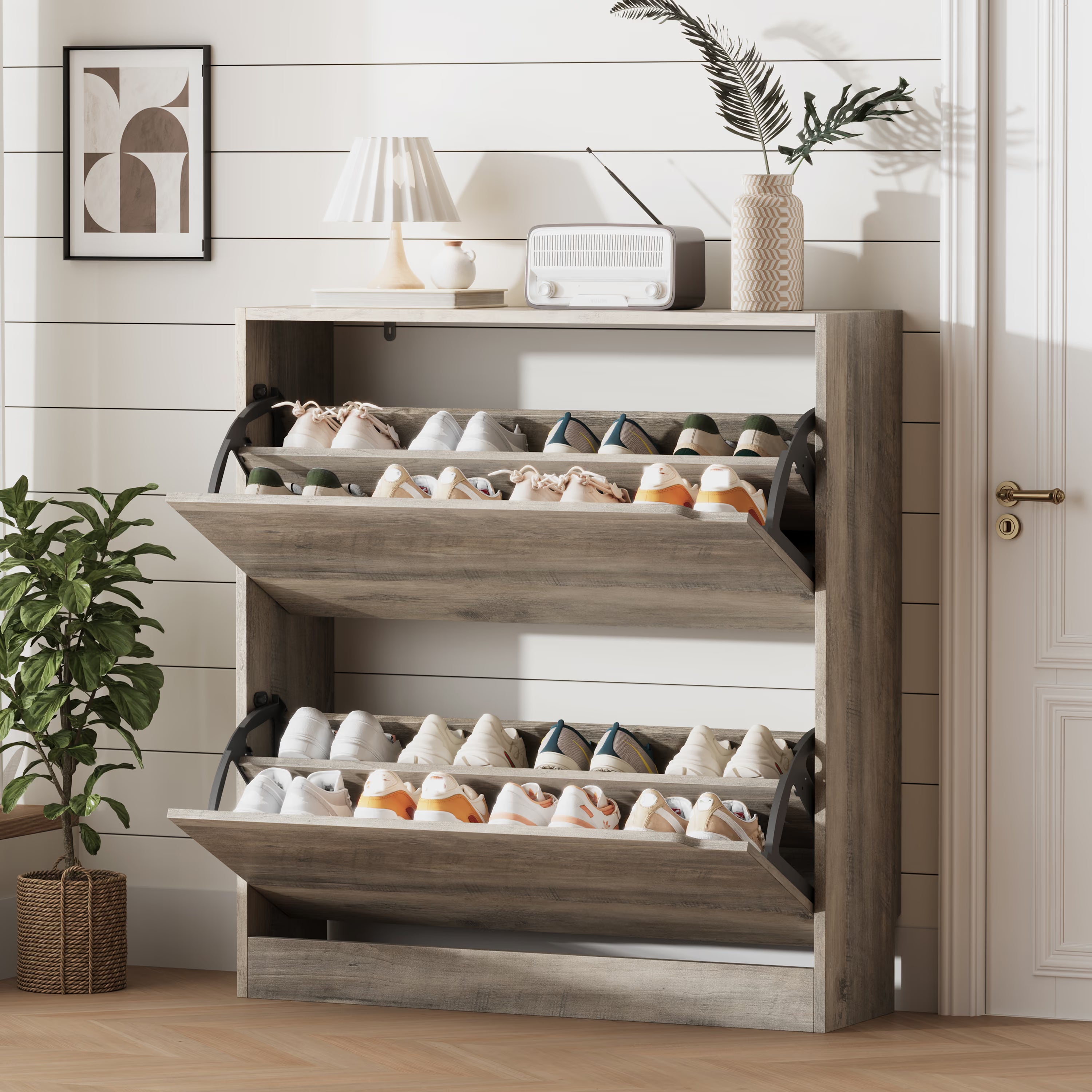 Detailed dimensions of the gray narrow shoe cabinet. This slim shoe cabinet is perfectly sized to fit in tight hallways and compact entryways without sacrificing space.