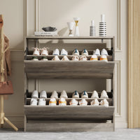 Stylish gray entryway shoe cabinet with decorative vases on top, featuring ample shoe cabinet storage for your daily footwear and sneakers.