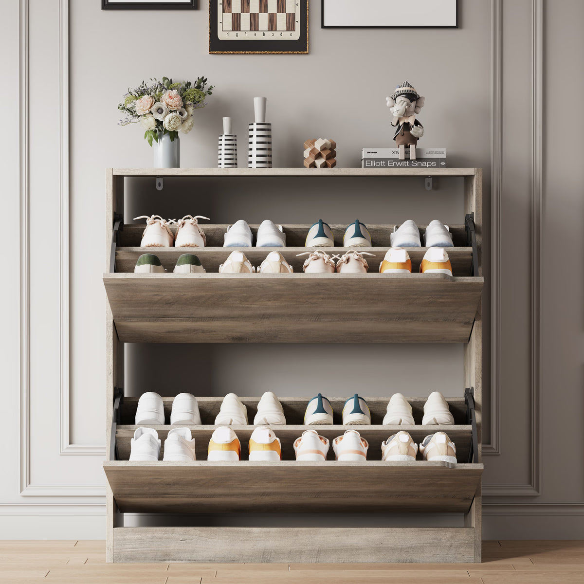 Before and after comparison showing cluttered shoes versus a neat gray shoe organizer cabinet. Provides excellent shoe storage for a clean and tidy floor.