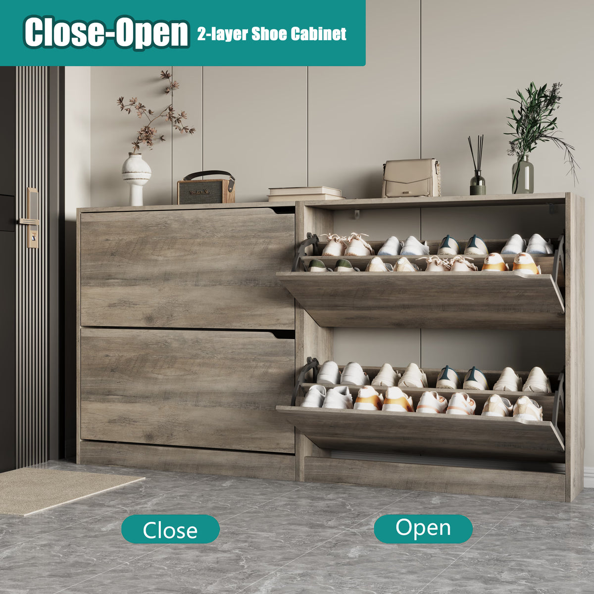 Demonstrating the closed and open states of a gray shoe cabinet for entryway. These ultra-slim shoe cabinets keep your foyer tidy while maintaining a sleek profile.