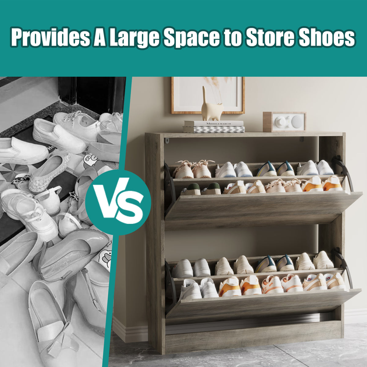 Safety anti-tipping device installation guide for the gray tall shoe cabinet. Secure this robust shoe rack cabinet to the wall to ensure family and child safety.