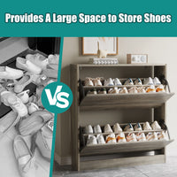 Safety anti-tipping device installation guide for the gray tall shoe cabinet. Secure this robust shoe rack cabinet to the wall to ensure family and child safety.
