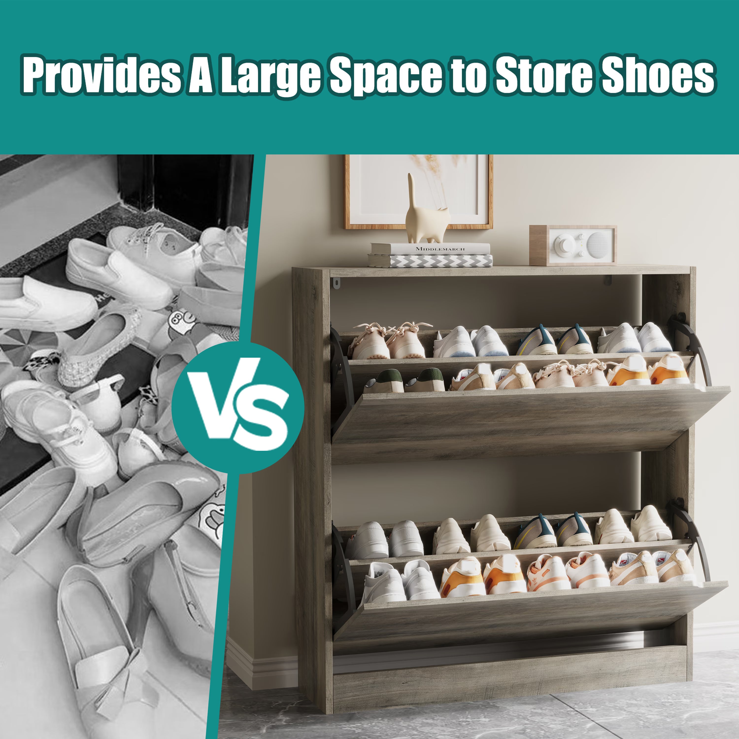 Safety anti-tipping device installation guide for the gray tall shoe cabinet. Secure this robust shoe rack cabinet to the wall to ensure family and child safety.