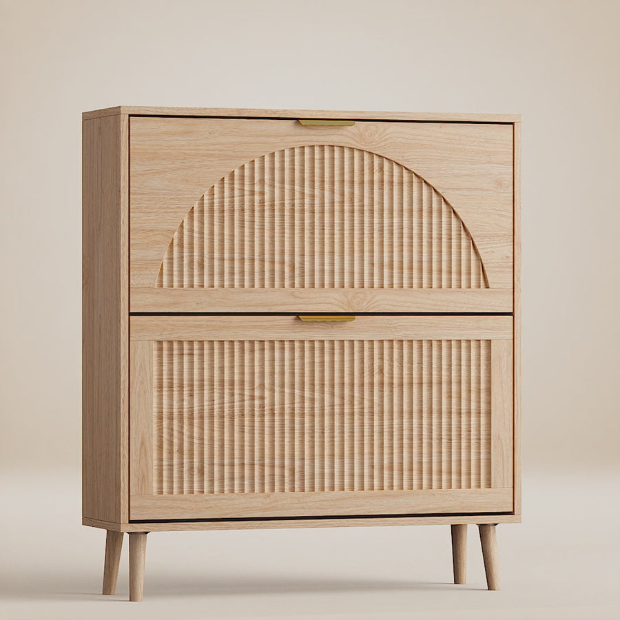 Elora narrow fluted shoe cabinet in natural oak finish — flip drawers in motion