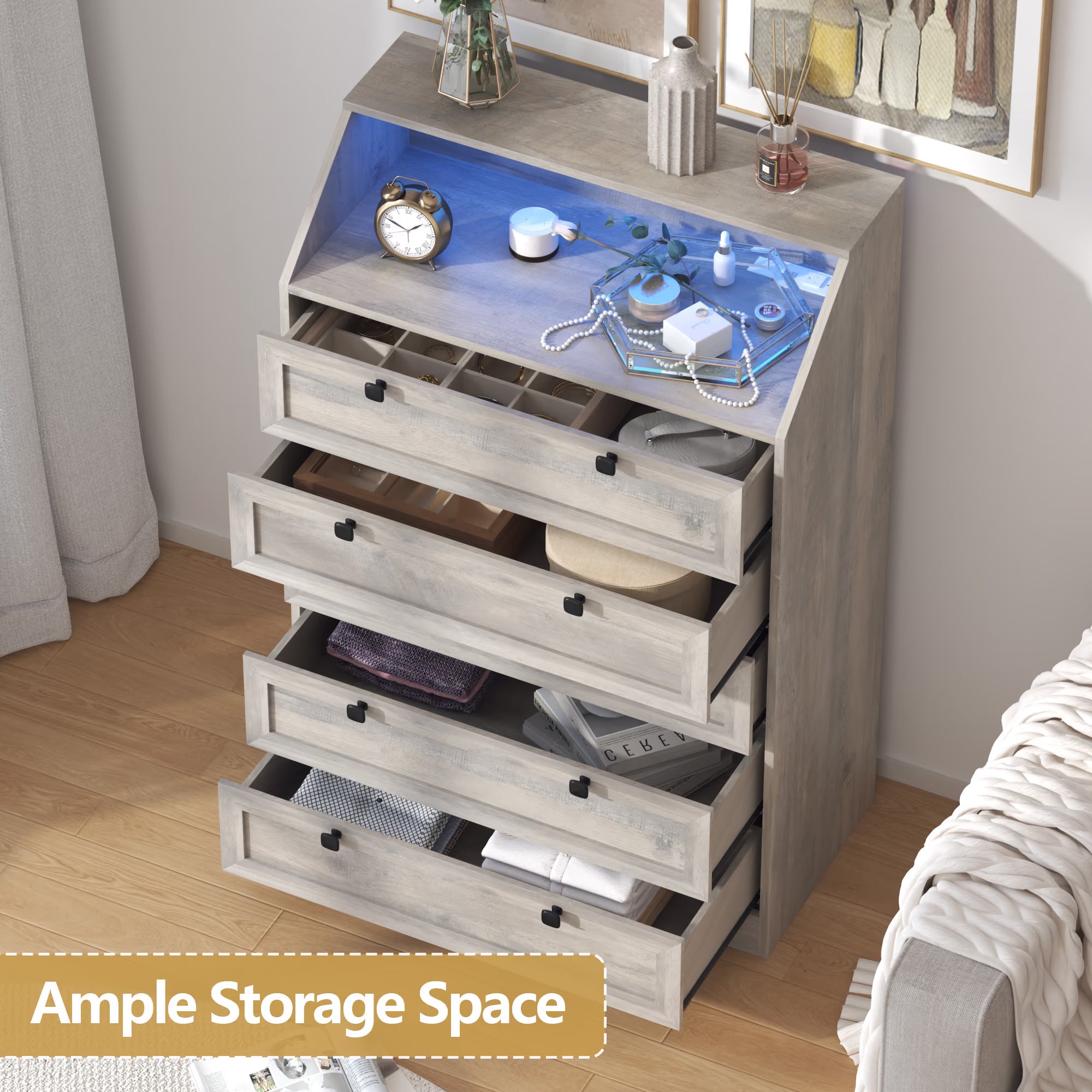 Large storage drawers inside Wodeer Ashford HLG102 grey wood chest of drawers