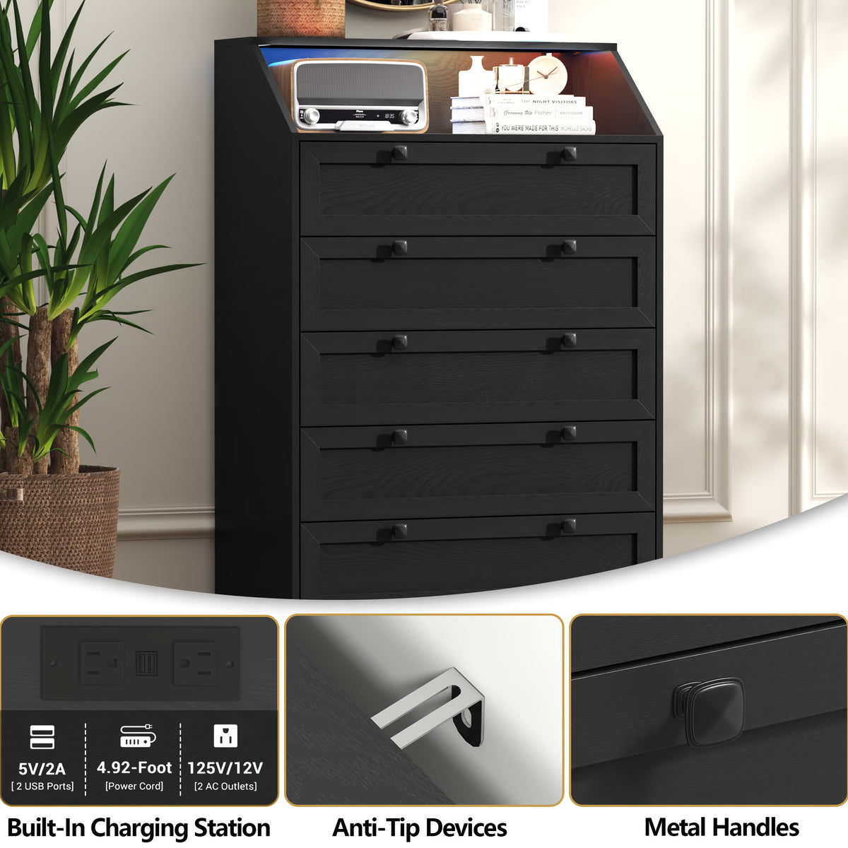 Built in power strip, anti tip kit, and metal handles on Wodeer HLG102 black dresser