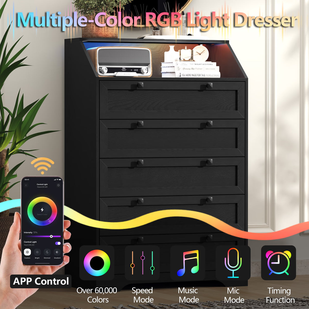 Modern black 5 drawer dresser with app controlled RGB LED lighting by Wodeer Ashford HLG102