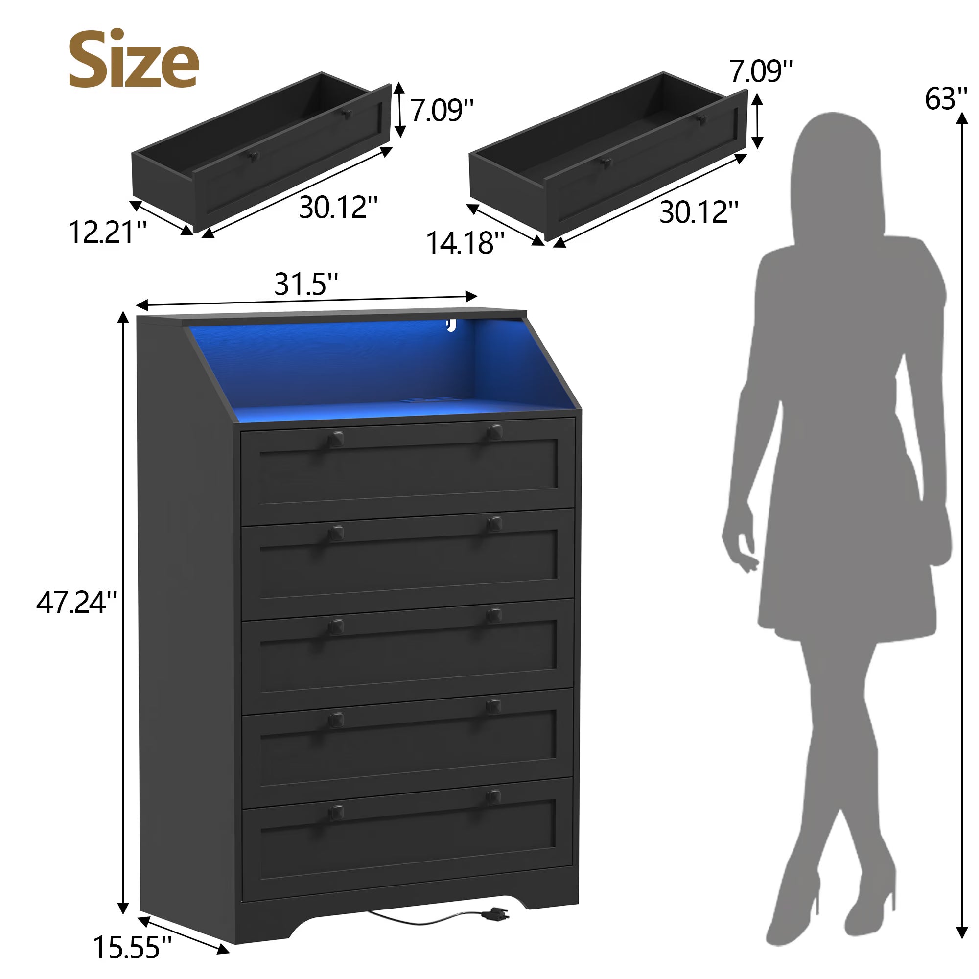 Dimensions and size chart for Wodeer Ashford HLG102 black 5 drawer tall bedroom dresser