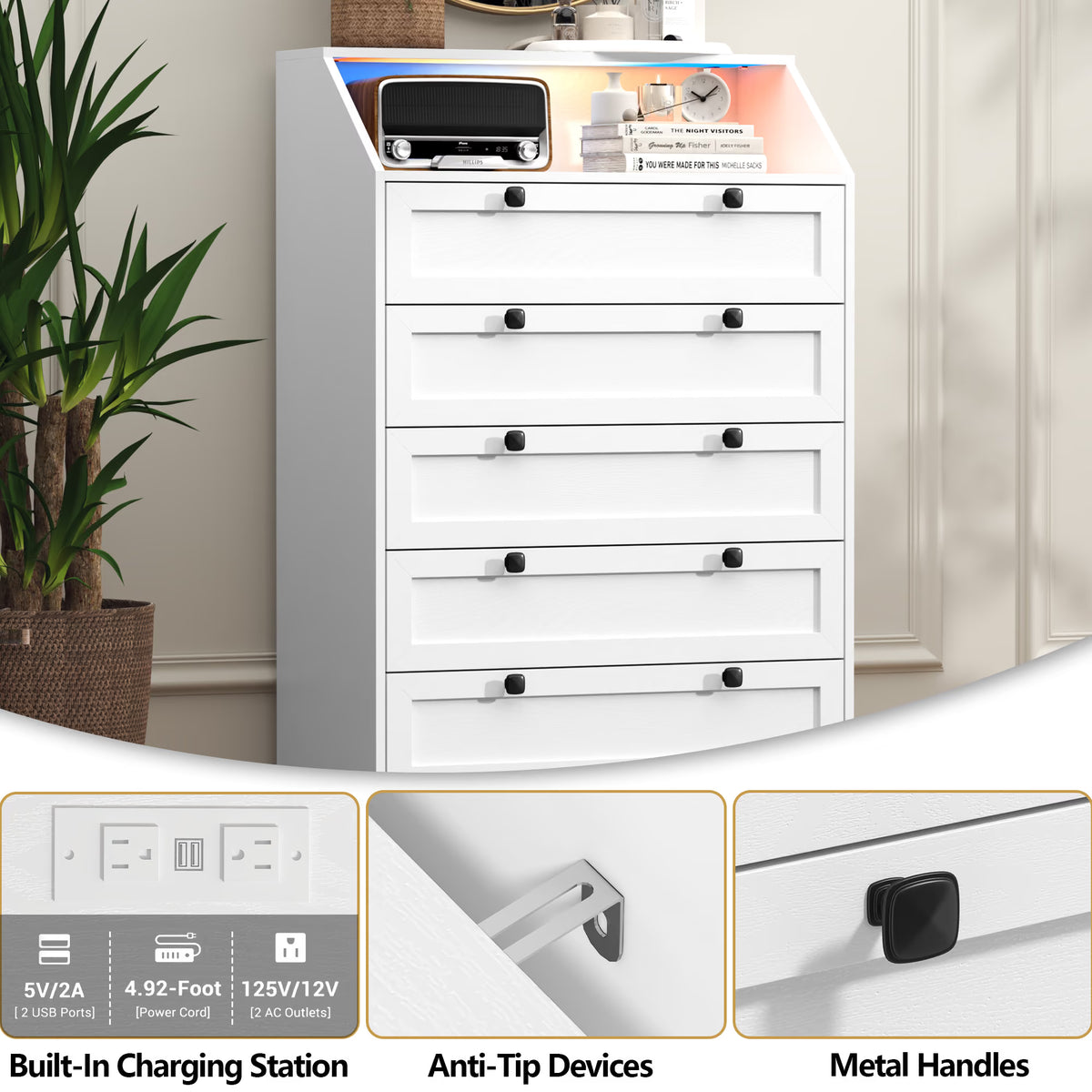 Built in charging station, anti tip safety hardware, and metal handles on Wodeer HLG102 dresser