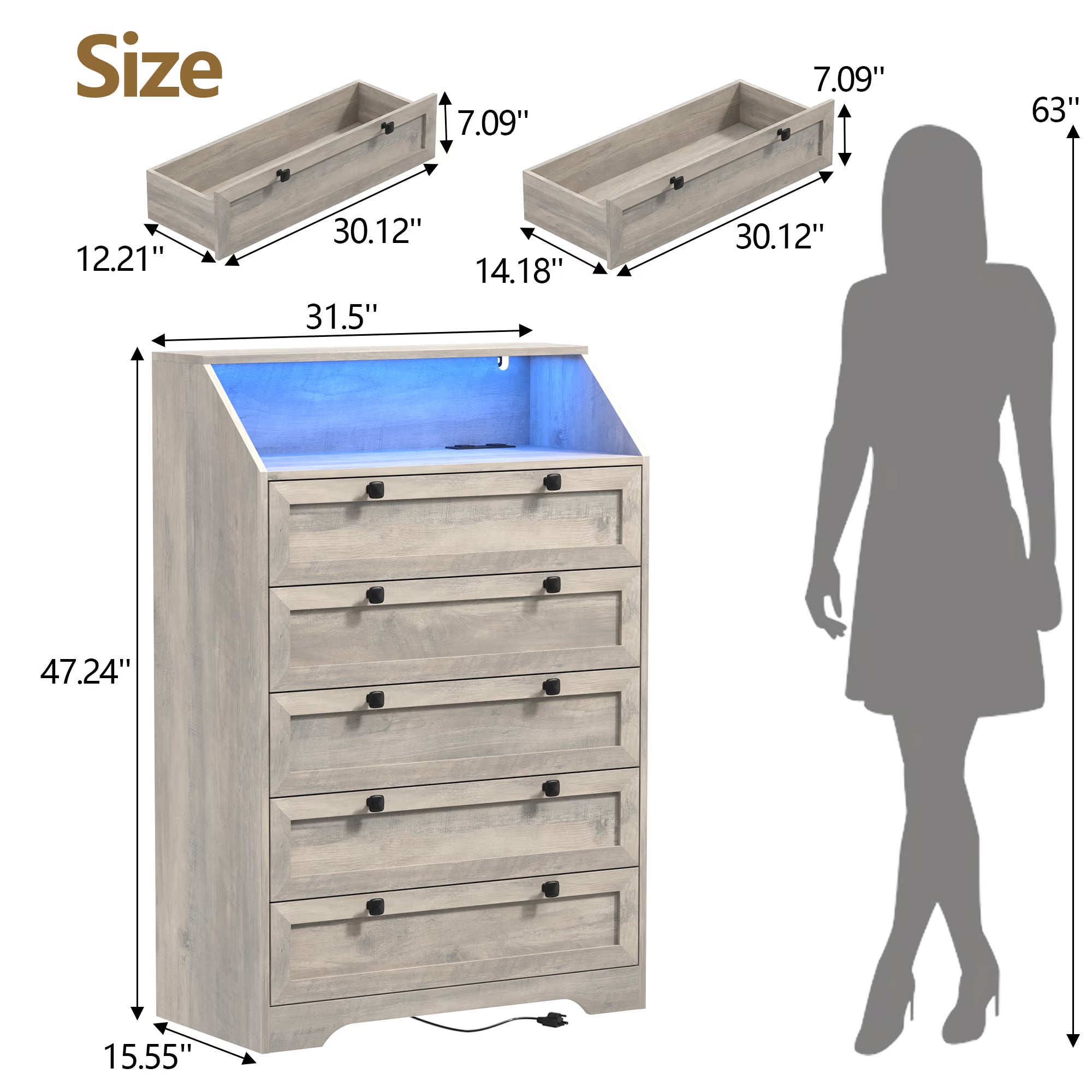 Dimensions and size details for Wodeer Ashford HLG102 gray wood 5 drawer dresser