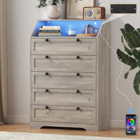 Wodeer Ashford HLG102 grey wood 5 drawer tall dresser with charging station