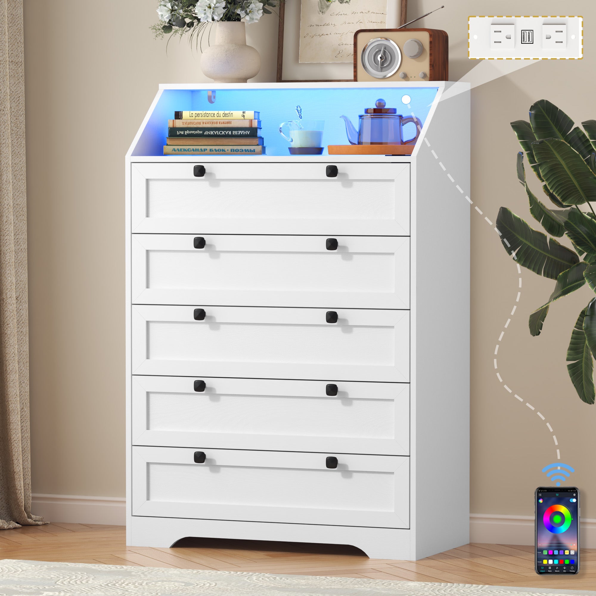 Wodeer Ashford HLG102 white 5 drawer tall dresser for bedroom with built in charging station