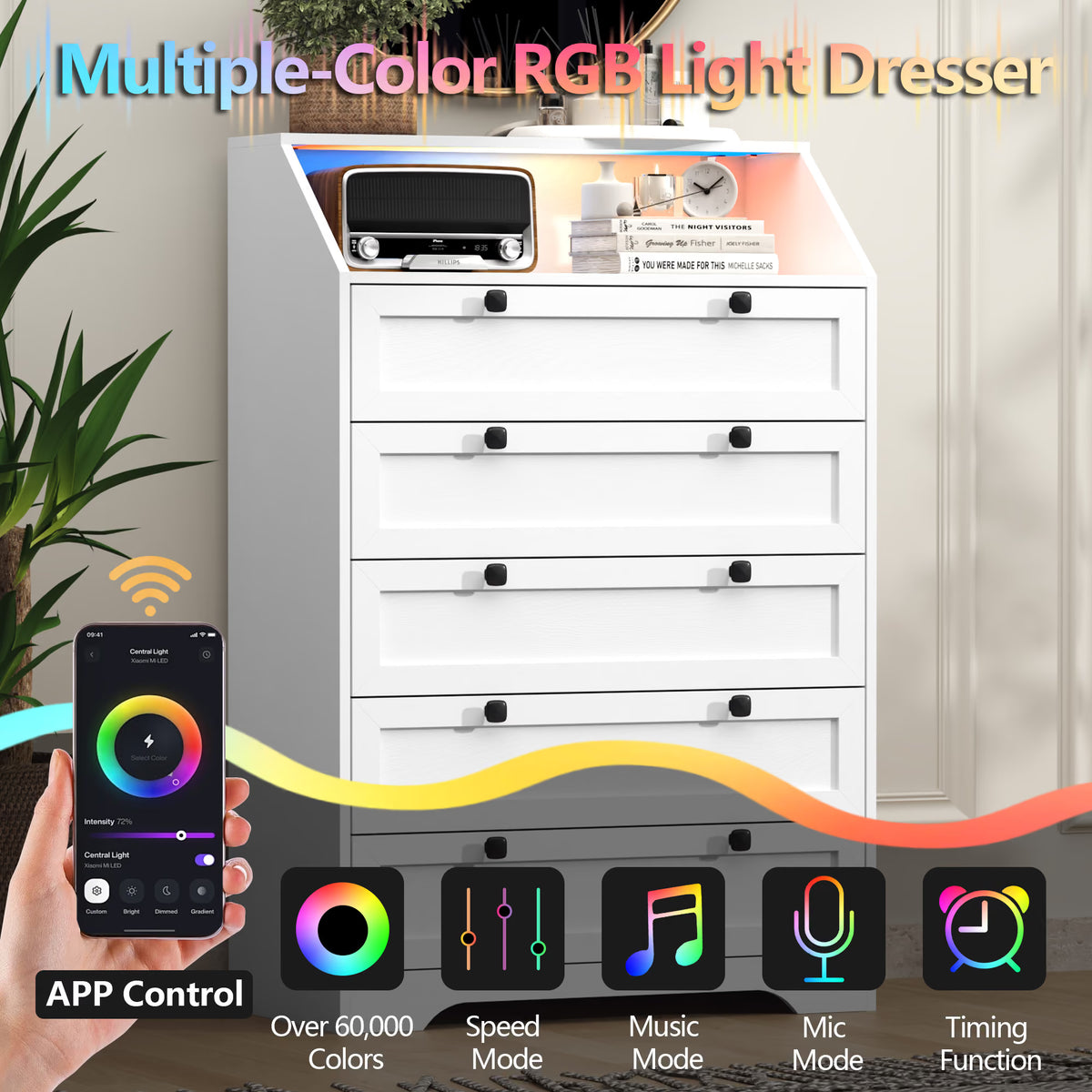 Modern white 5 drawer dresser with app controlled RGB LED lights by Wodeer Ashford HLG102