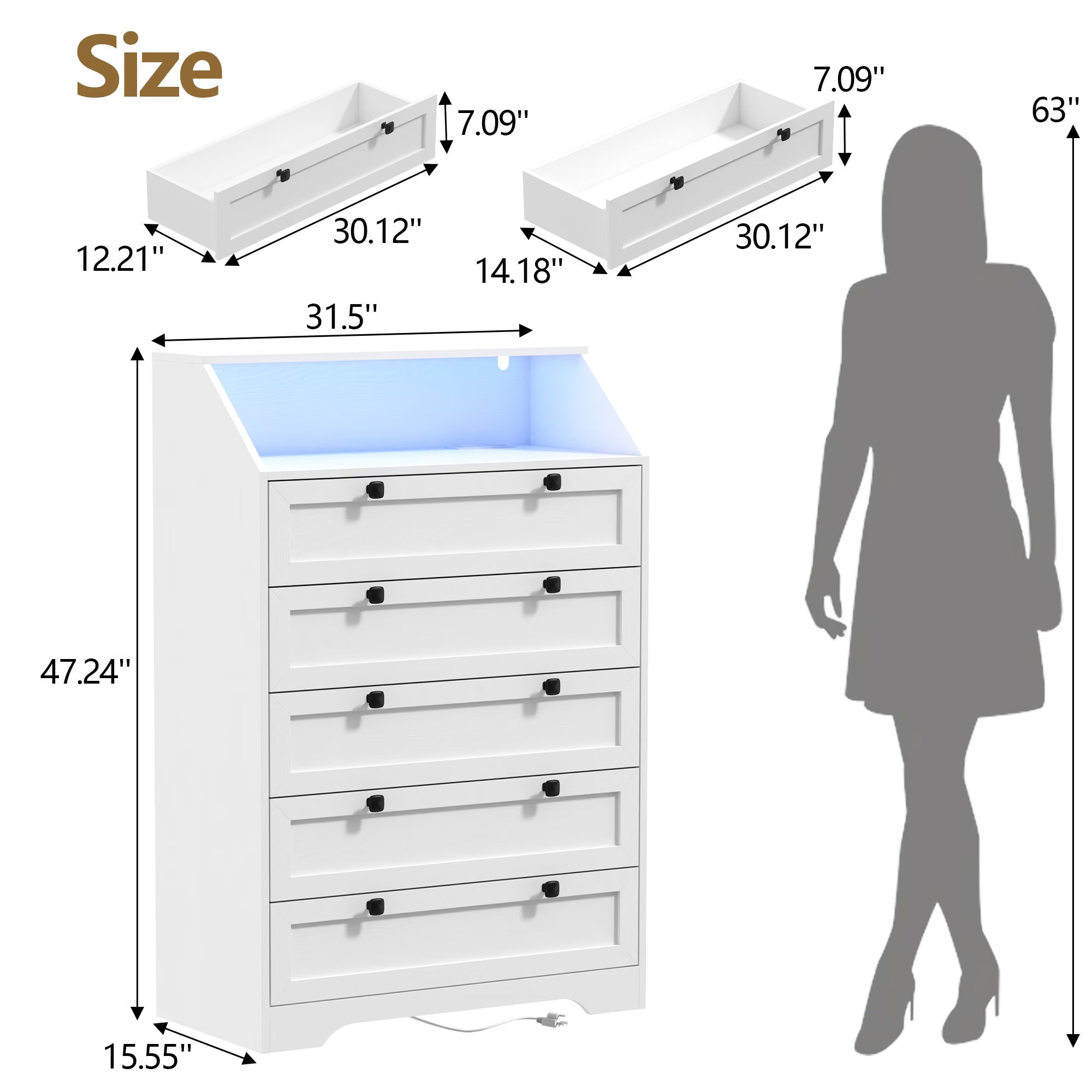 Dimensions and size details for Wodeer Ashford HLG102 white 5 drawer tall bedroom dresser