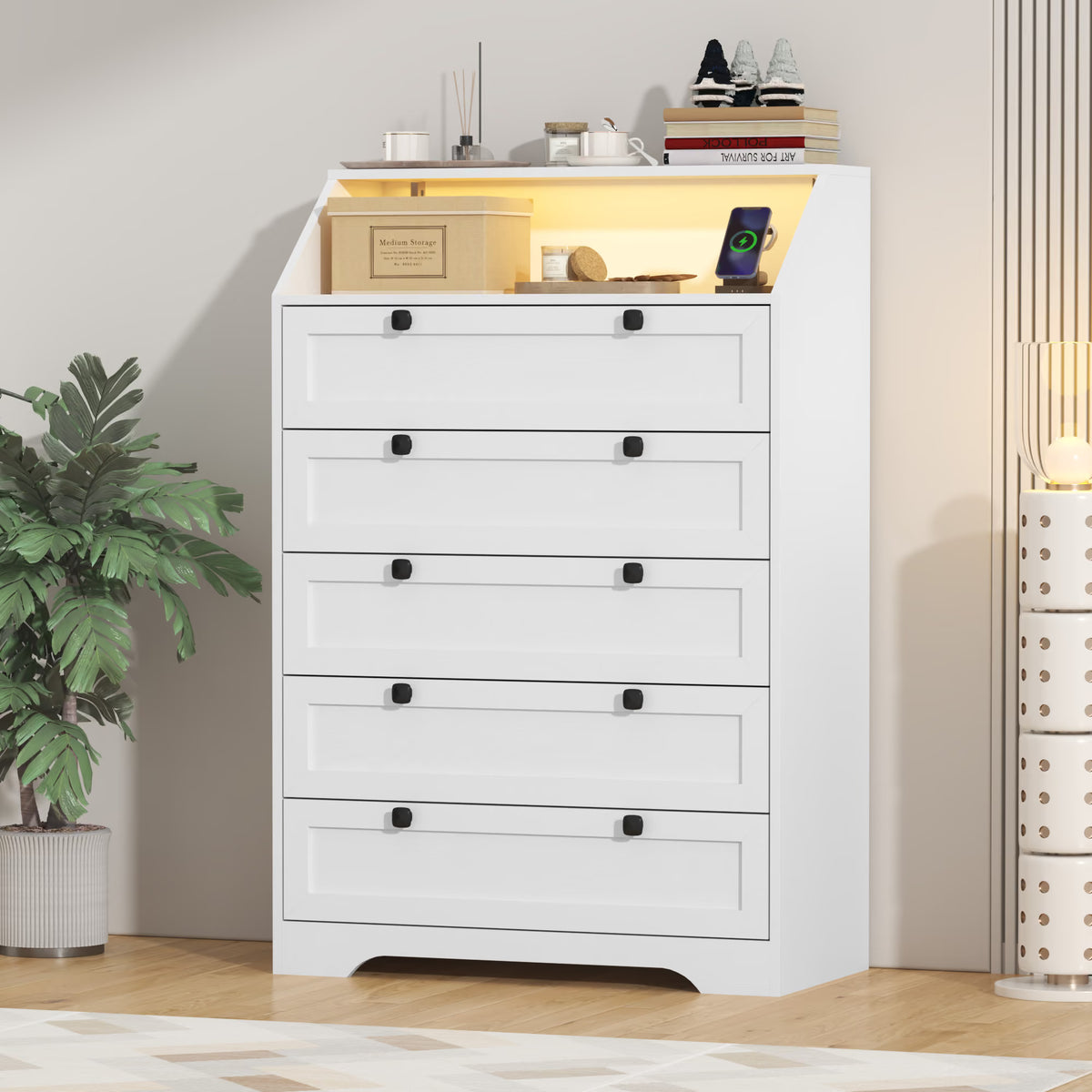 Wodeer Ashford HLG102 white wood dresser with warm glow lighting in modern bedroom